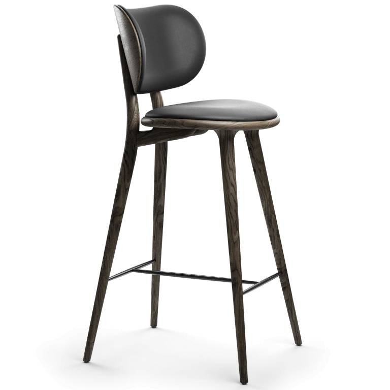 Mater Design High Stool barkruk met rugleuning 74 grijs eiken/zwart leer |  Flinders